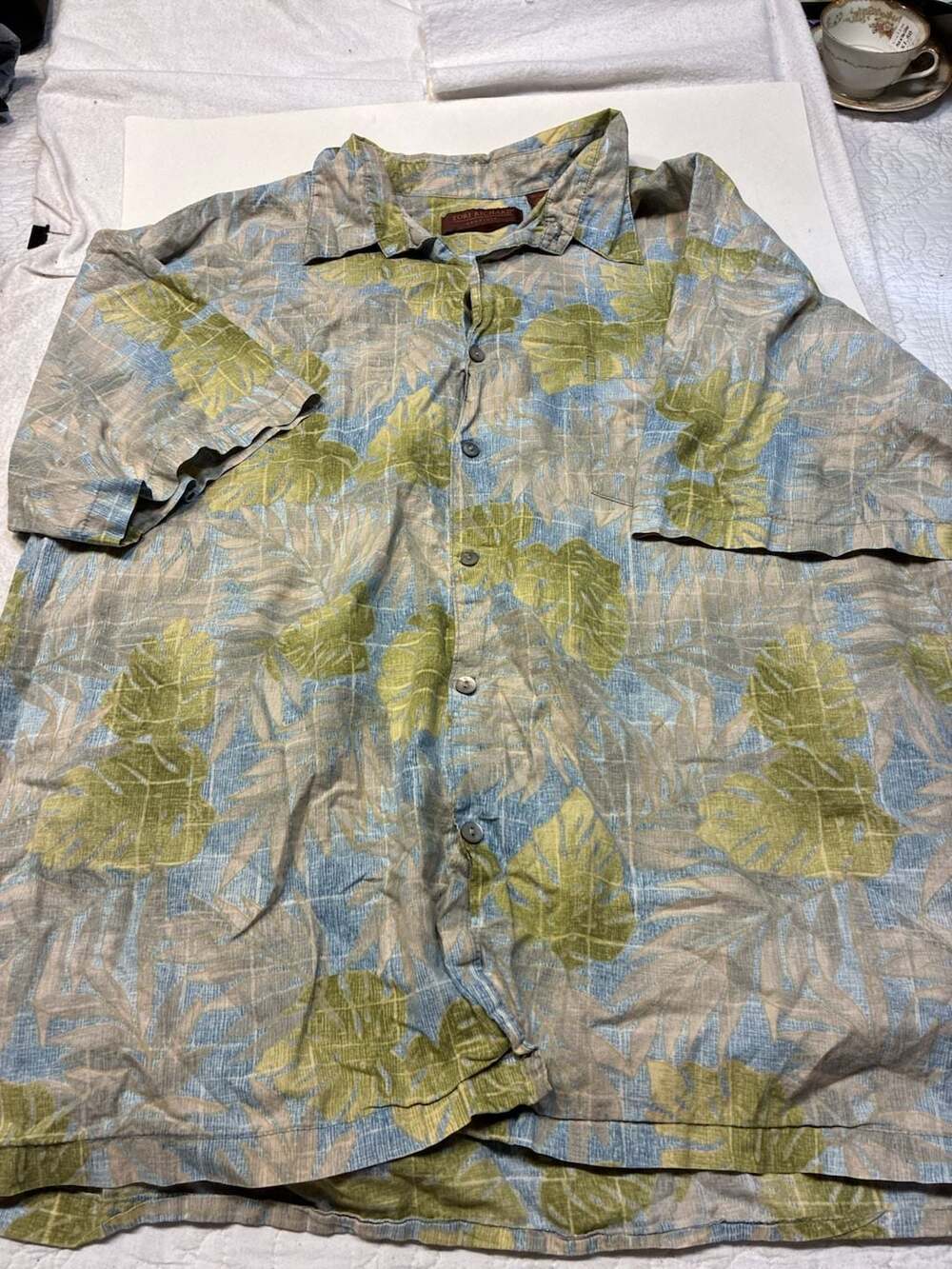 Tori Richard Honolulu Mens 2XL Green Blue Tropical Leaf Print Cotton Lawn Hawaii
